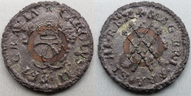 Charles II, pattern farthing, tin with inner copper ring P448 - Click Image to Close